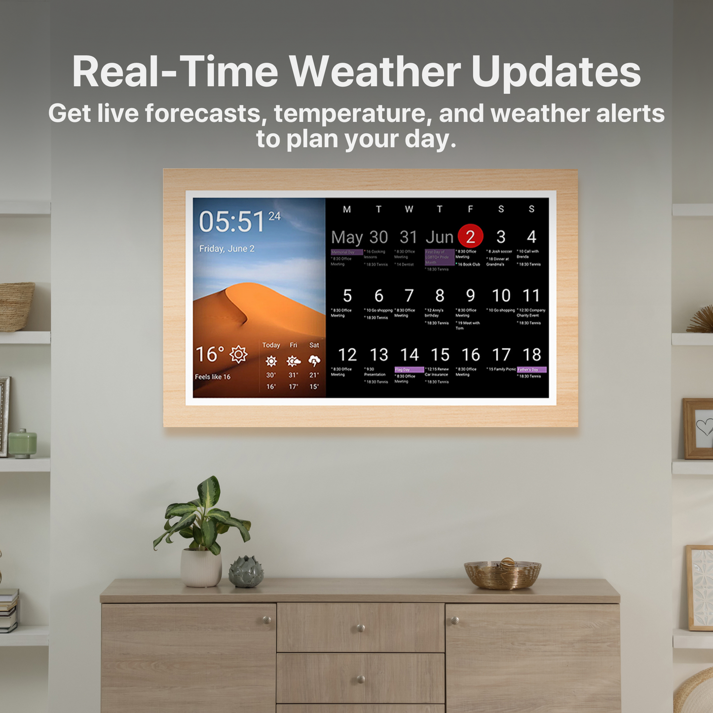 The Bigly Brothers 32-inches Wall-Mounted Digital Planner Calendar with Wooden Frame Giant Display for Agenda, To-Do Lists, Video Calls, Family Organizer, Business, & Art Display