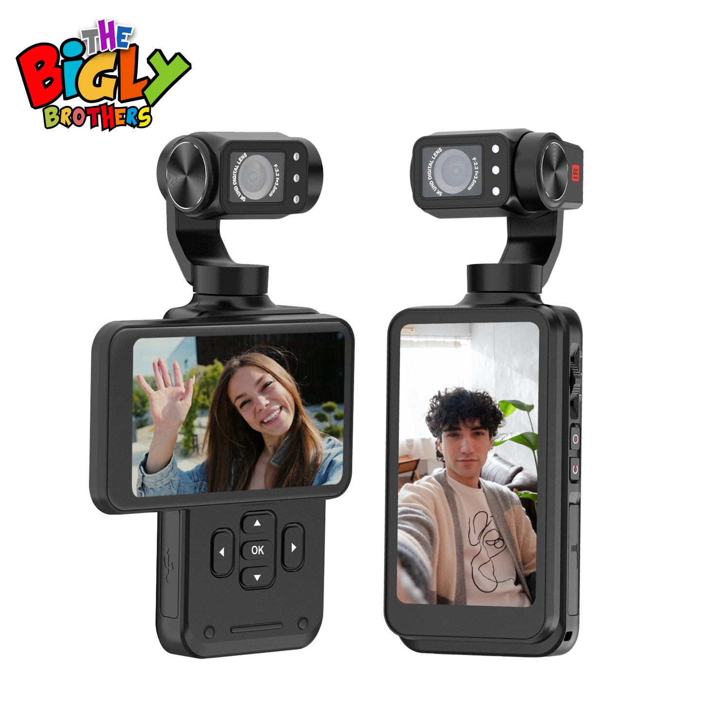 REFURBISHED: The Bigly Brothers Nimble 1 World Largest Pocket Camera with Gimbal, 3.5-inch Vlogging Camera Screen with 64gb SD Card, 3-Axis EIS Stabilization, 5K @30fps, 4k @60fps, AI Face tracking, IR night Vision, 120° Wide-Angle, 180° Rotatable Screen