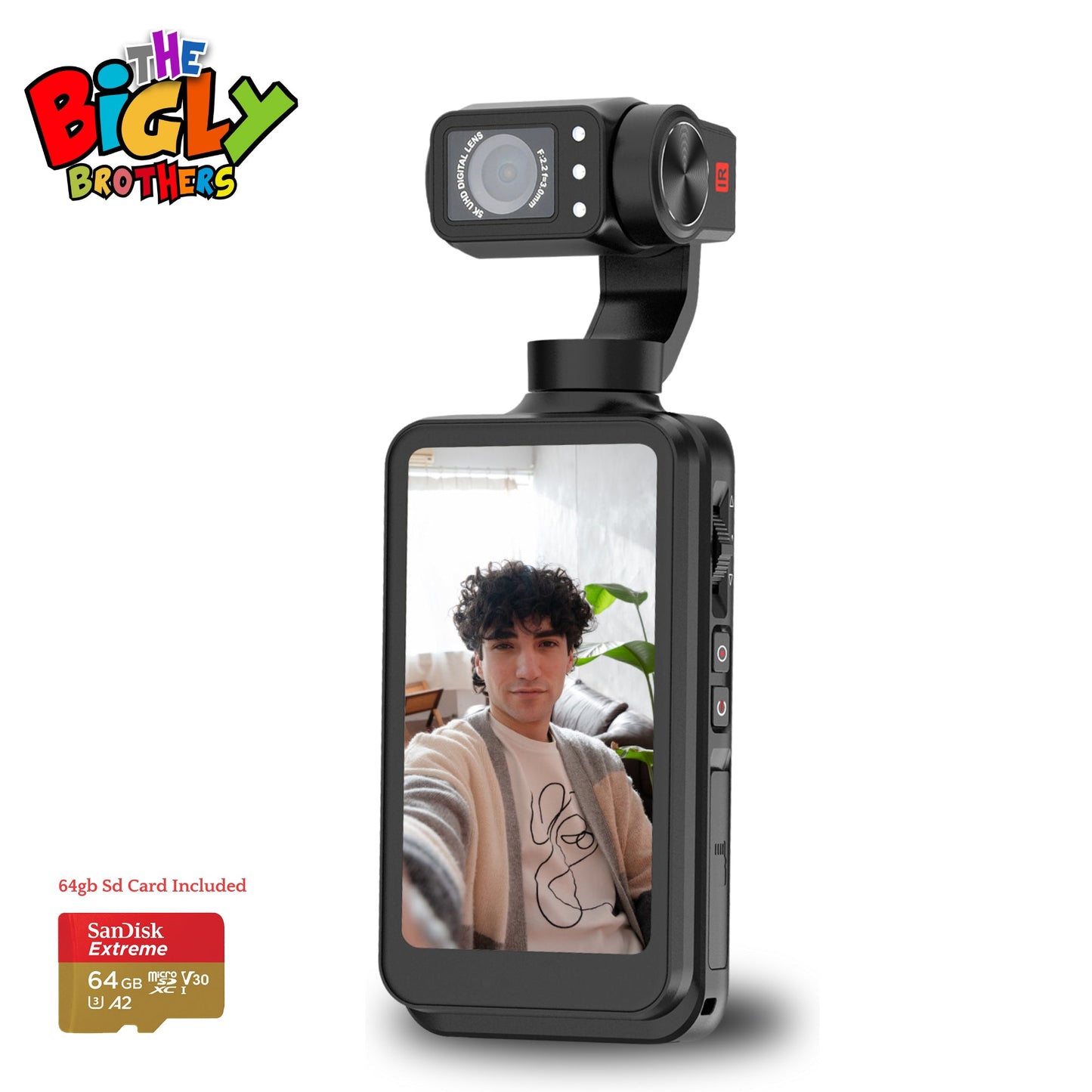 The Bigly Brothers Nimble 1 World Largest Pocket Camera with Gimbal, 3.5-inch Vlogging Camera Screen with 64gb SD Card, 3-Axis EIS Stabilization, 5K @30fps, 4k @60fps, AI Face tracking, IR night Vision, 120° Wide-Angle, 180° Rotatable Screen