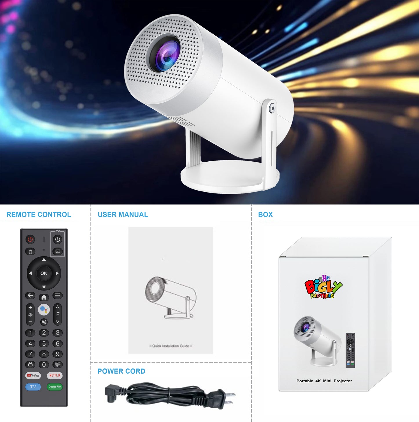 Brother eye 4k Mini projector 300 lumens , Built-in speaker , Pre installed Apps, up to 200 inch size display , 2gb ram 16gb rom ultra fast , All in One Super Mini Projector