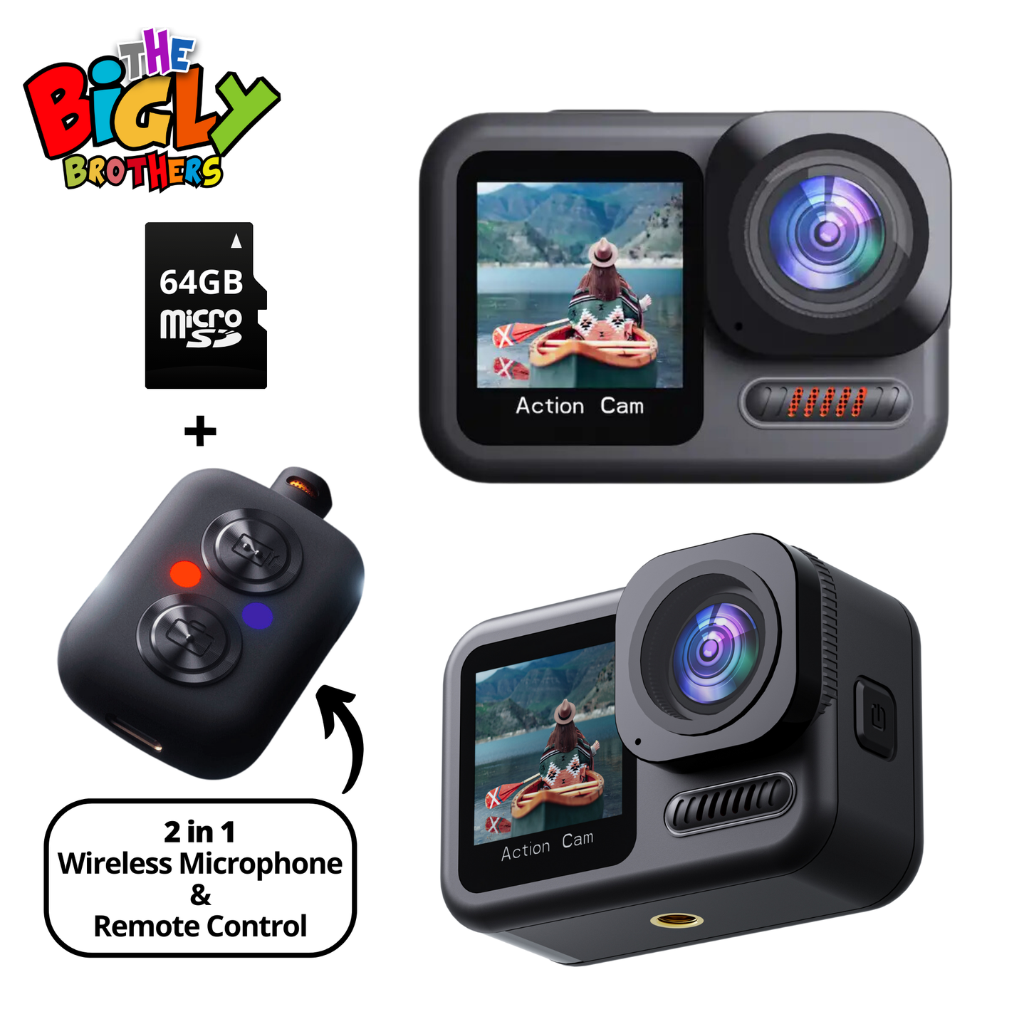 The Bigly Brothers Tribeca 2n2 Action Camera Vlogging Combo: 20M Waterproof With No Case, 64gb SdCard Included, 4K 60fps, 6-Axis Anti-Shake Stabilization, Dual Touch Screen, Wireless Remote Controller with a built-in Microphone for Extreme sports