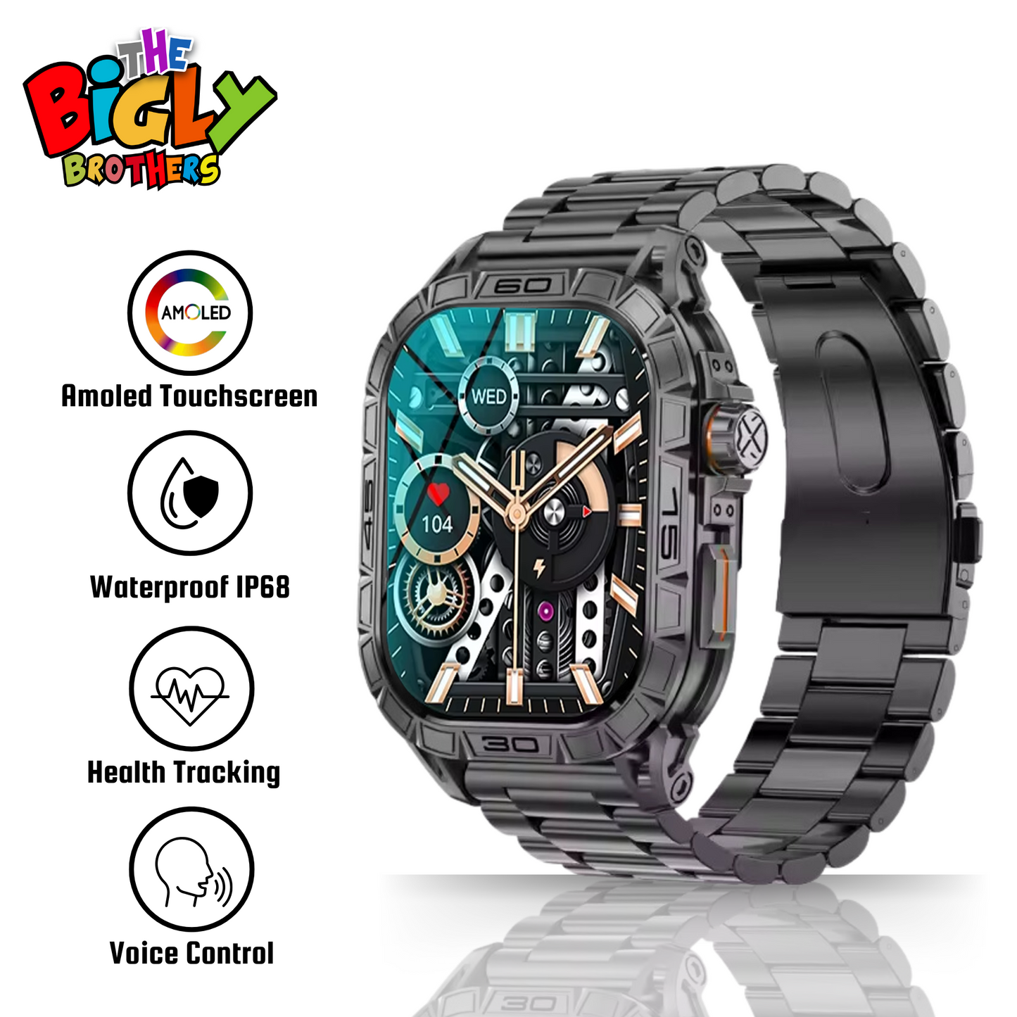 The Bigly Brothers All-in-1 Smart Watch, Men’s Watch Amoled Display with Call/Text, Heart Rate, Blood Pressure, Oxygen Level Monitor, Sleep Tracker, 110+ Sport Modes, IP68 Waterproof