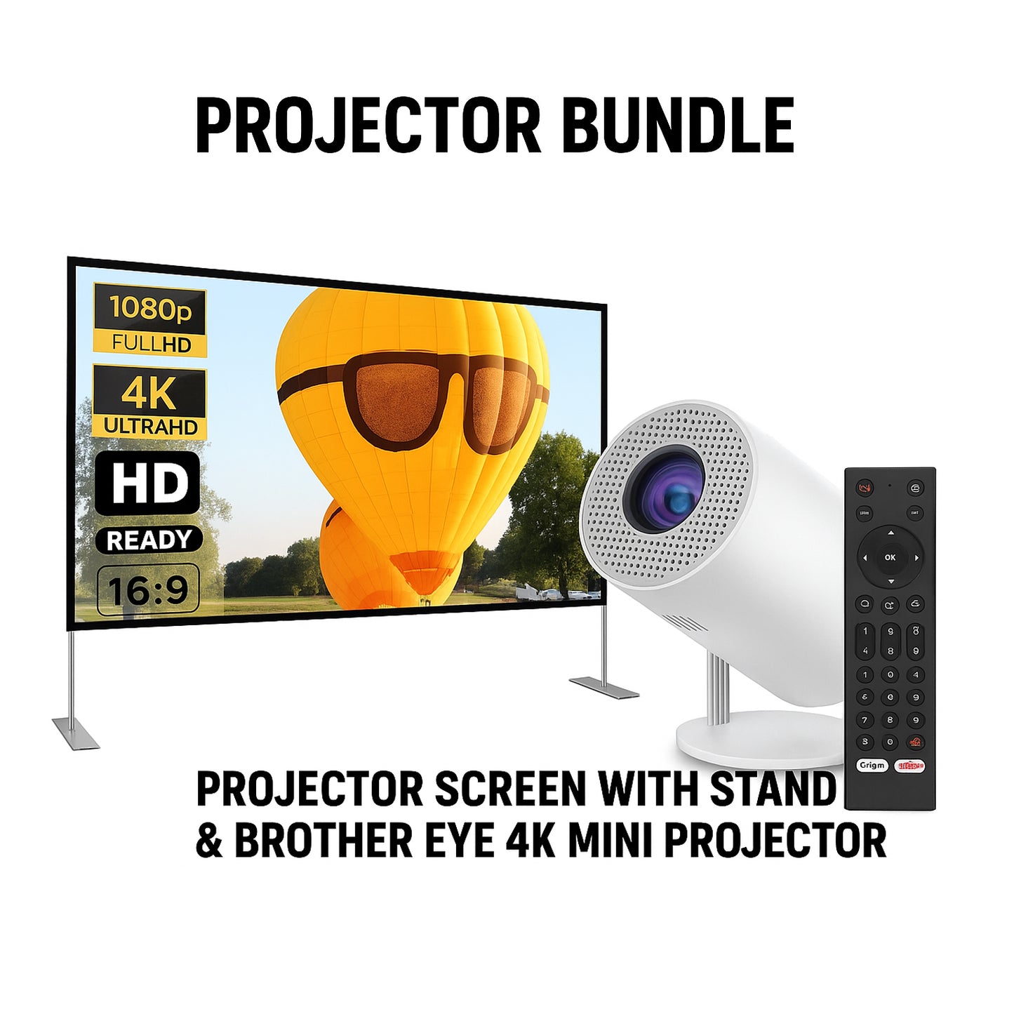 Projector Bundle - Projector Screen with Stand & Brother eye 4k Mini projector 300 lumens 2gb ram 16gb rom ultra fast , All in One Super Mini Projector